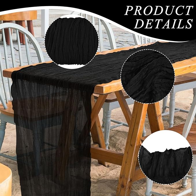 12 Pack Cheesecloth Table Runner 10Ft Christmas Gauze Boho Table Runners for Wedding Decor Bridal Shower Decorations Baby Shower Party(35" x 120")(Black)