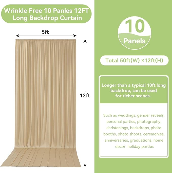 50ftx12ft Wrinkle Free Beige Backdrop Curtain, 10 Panels 12FT Height Beige Wedding Backdrop Drapes, Silky Polyester Back Drop Cloth for Birthday Photography Background Party Backdrop Draping