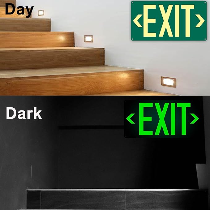 2Pack Photoluminescent Exit Sign Green - 14.25"x 7.5" Aluminum Glow In The Dark- Adhesive Backing- Includes 4pcs Removable Arrows