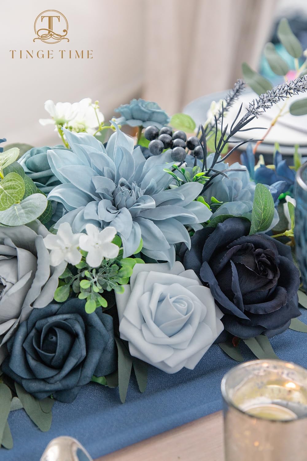 TINGE TIME 9FT Flower Garland with Rose, Handcrafted Eucalyptus Floral Garland for Wedding Sweetheart Table, Wedding Arch Flowers for Backdrop Head Table Decor Ceremony Reception (Dustyblue)