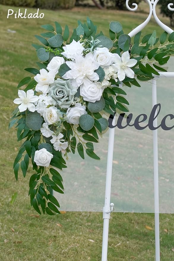 Faux Flower Swag Set of 2 for Wedding Welcome Signs Floral Swag Wedding Reception Ceremony Signs Decor (White & Green)