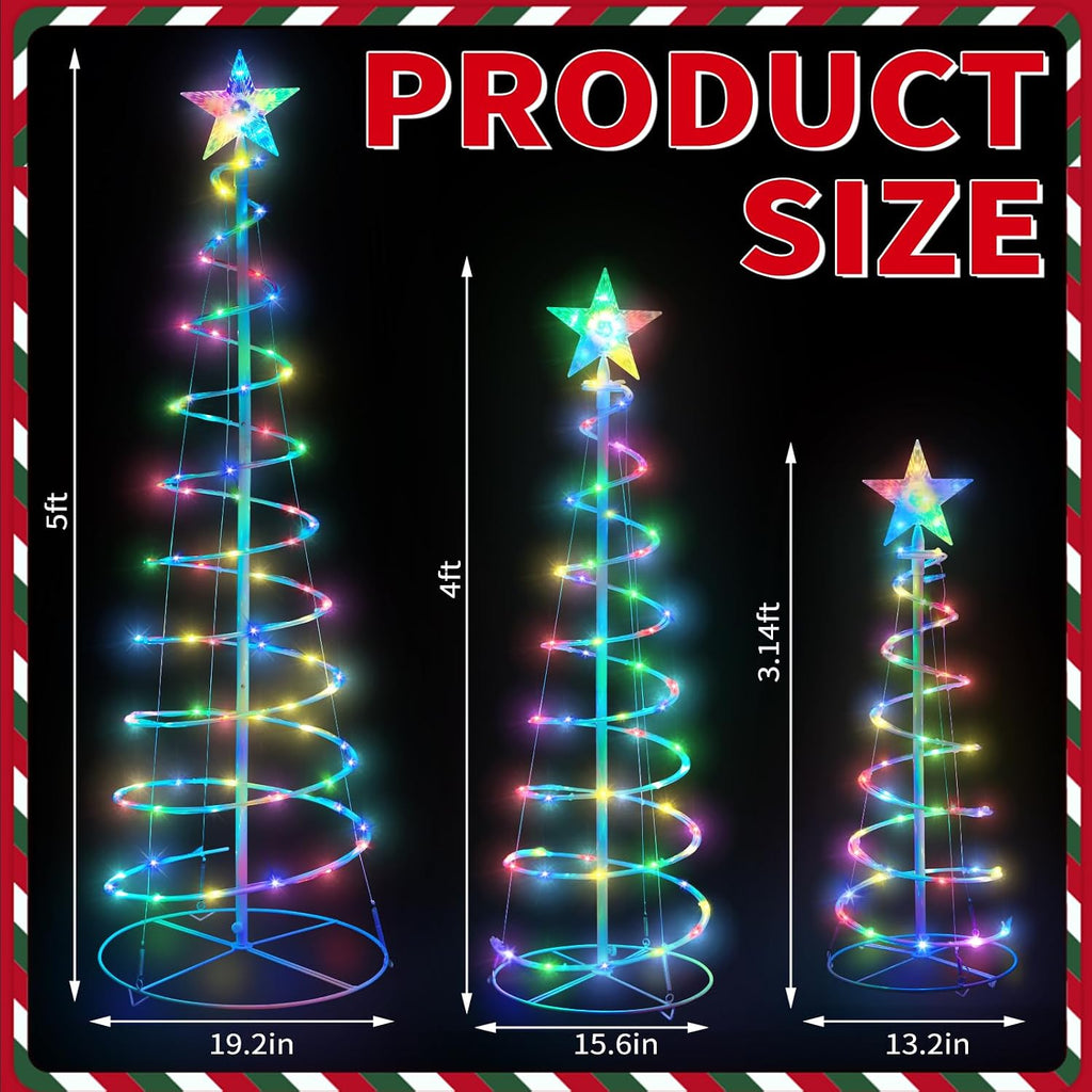 Set of 3 Christmas Spiral Tree Lights, 3/4/5 FT Holiday Decor, Multicolor