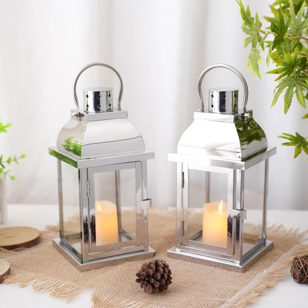 Set of 2 Decorative Metal Candle Lantern 10'' High(Silver)