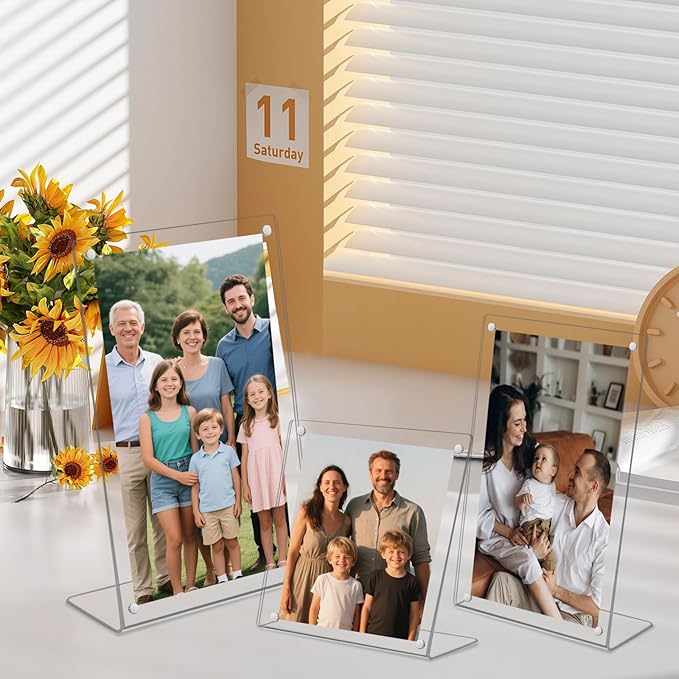 6 Pack Acrylic Picture Frame 4x6 inch, Magnetic Photo Frames, Clear Slanted Back Acrylic Frameless Transparent Frame for Desktop Display, Standing Photo Display Holder Gift for Home, Office