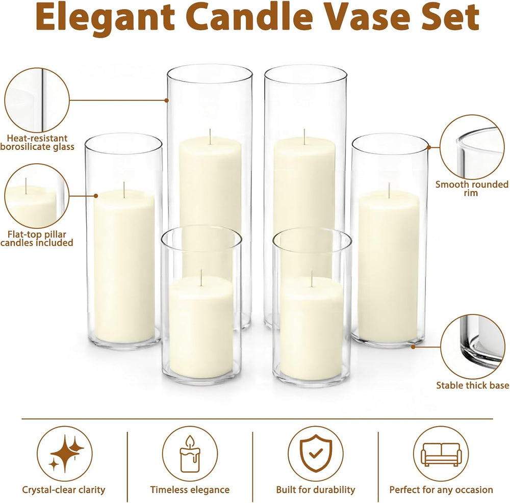 24 PCS Ivory Pillar Candles and Glass Cylinder Vases