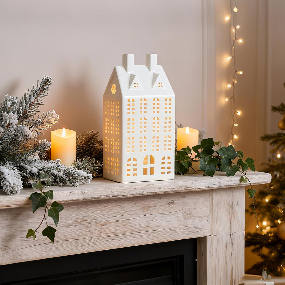 DN DECONATION Light Up Christmas Village House, White Ceramic House Decor