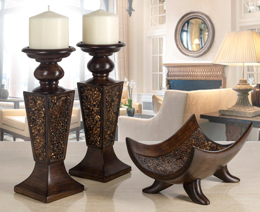 Creative Scents Schonwerk Brown Pillar Candle Holder Set of 2- Crackled Mosai...
