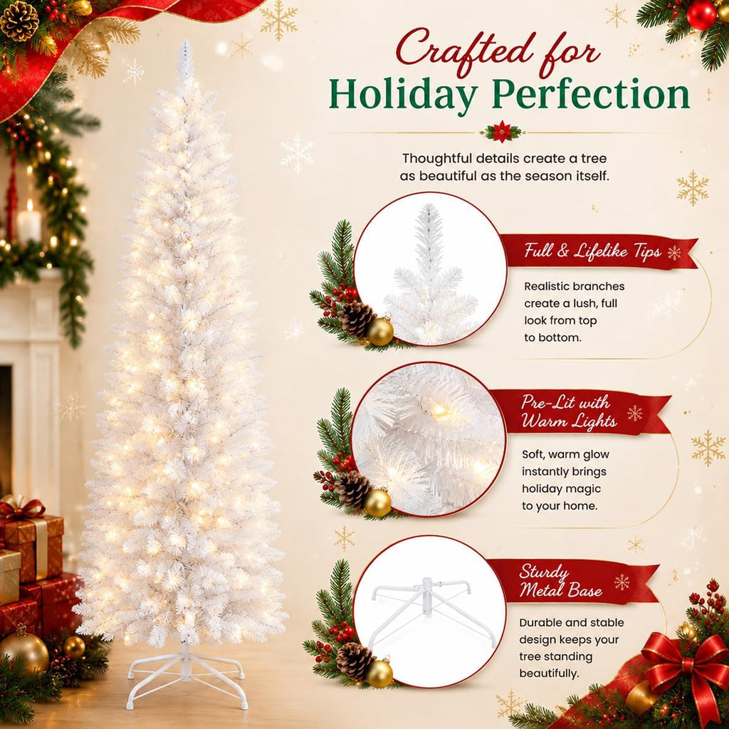 6ft white pre-lit slim artificial christmas tree, package contents