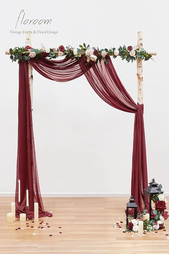 Floroom Wedding Arch Draping Fabric 2 Panels 20Ft Burgundy Chiffon Fabric Drapes Arbor Drapery Wedding Ceremony Reception Swag Dark Red Decorations
