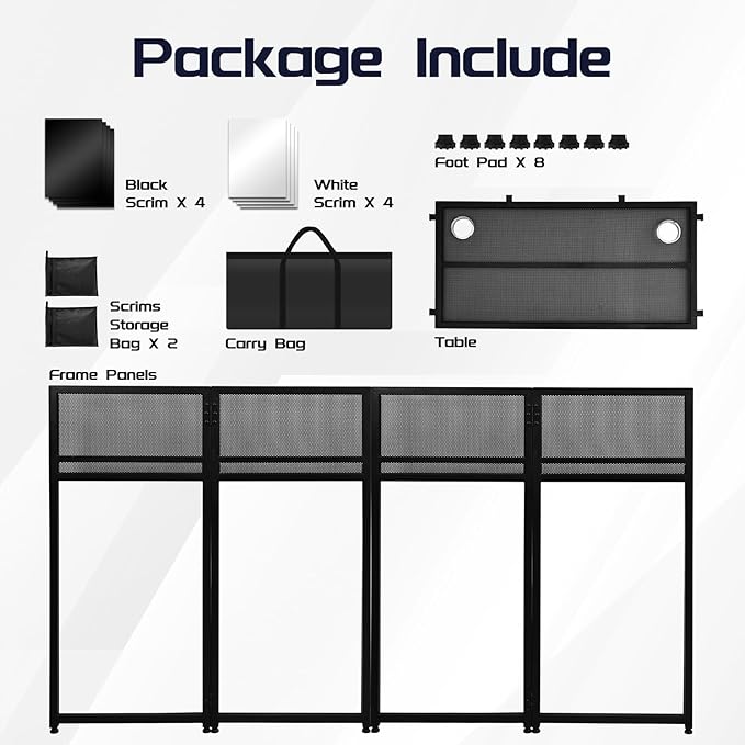 Portable DJ Booth 40" x 20", DJ Facade Table with Black/White Light Scrims, Foldable DJ Stand for Laptop and Controller,with Carry Bag, Cable Hole, Perfect for Bars, Clubs, Party, Private Events