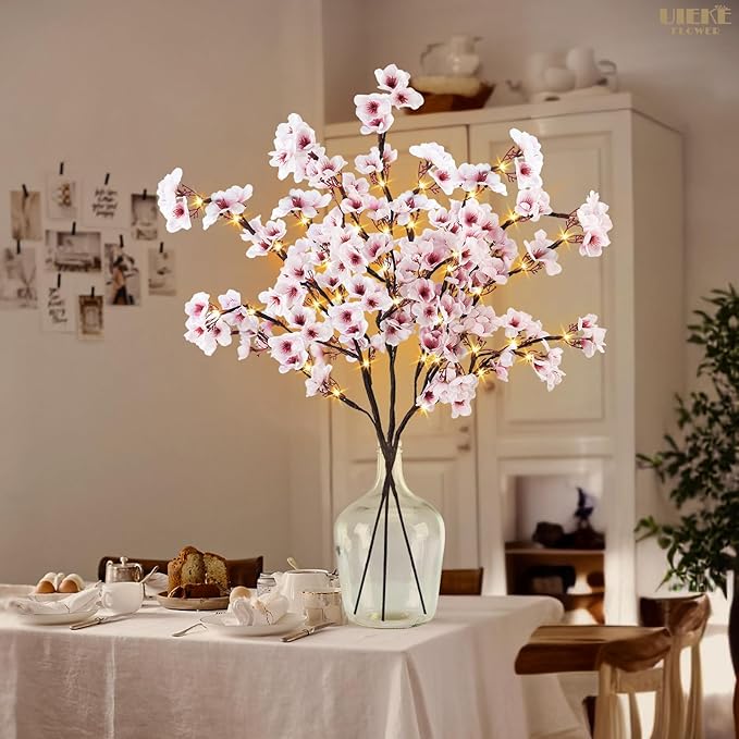 Uieke 3PCS Lighted Cherry Blossom Branches, 30in Artificial Cherry Blossom Flowers with 60 LED Lights Timer Battery Operated Lighted Twig Branches for Vases Wedding Party Home Indoor Decor