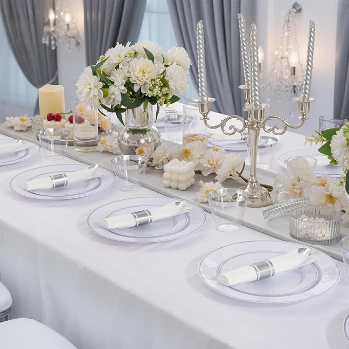 SUT 175 Pcs Silver Plastic Dinnerware Set for 25 Guests, Include: 25 Dinner Plates, 25 Dessert Plates, 25 Pre Rolled Napkins With Silver Silverware, 25 Cups, Disposable Plates for Wedding, Party