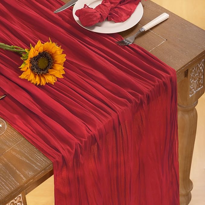 Red Cheesecloth Table Runner Fall Table Runner Boho Gauze 120 Inches Red Cheese Cloth Fall Table Decorations for Thanksgiving Weddings Bridal Baby Shower Candlelight Dinner Party