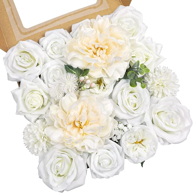AmyHomie White Artificial Flowers Combo Silk Mix Peony Rose Hydrangea Daisy Fake Flowers w/Stem for DIY Wedding Bouquets Centerpieces Arrangements Table Decor Party Bridal Baby Shower Home Decor