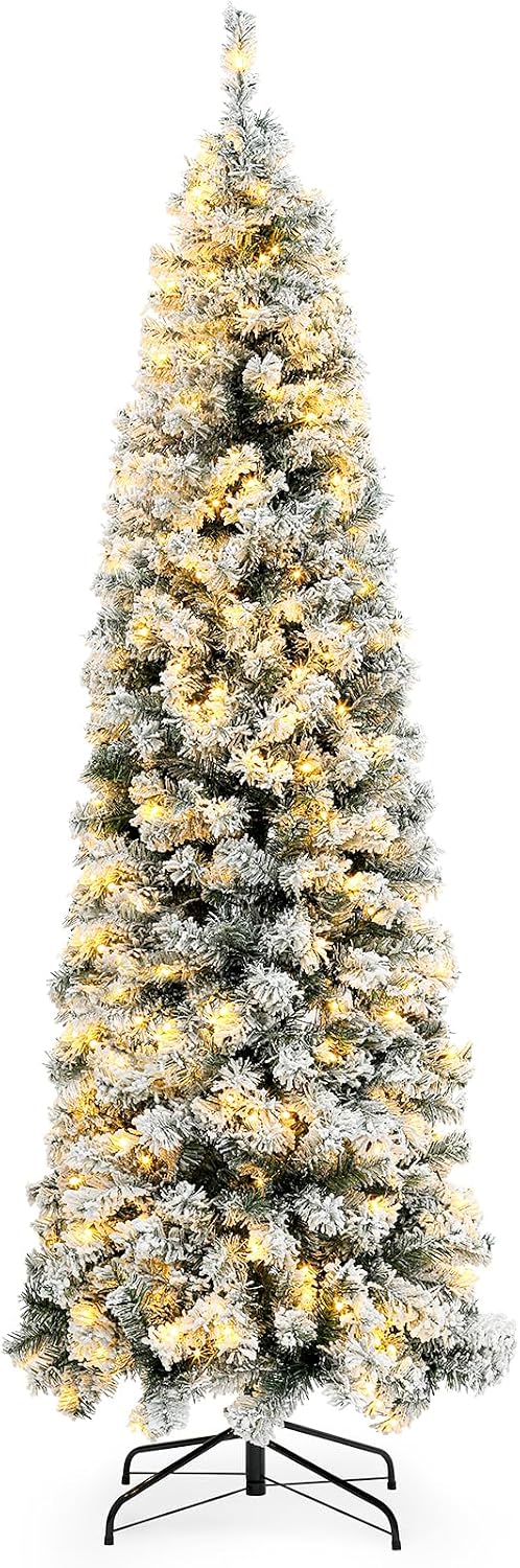 Okicoler Pre-Lit Snow Flocked Artificial Holiday Pencil Slim Christmas Tree with Warm Lights and Metal Base Stand for Home, Office, Party Decoration,White (6.5ft)