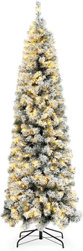 Okicoler Pre-Lit Snow Flocked Artificial Holiday Pencil Slim Christmas Tree with Warm Lights and Metal Base Stand for Home, Office, Party Decoration,White (6.5ft)