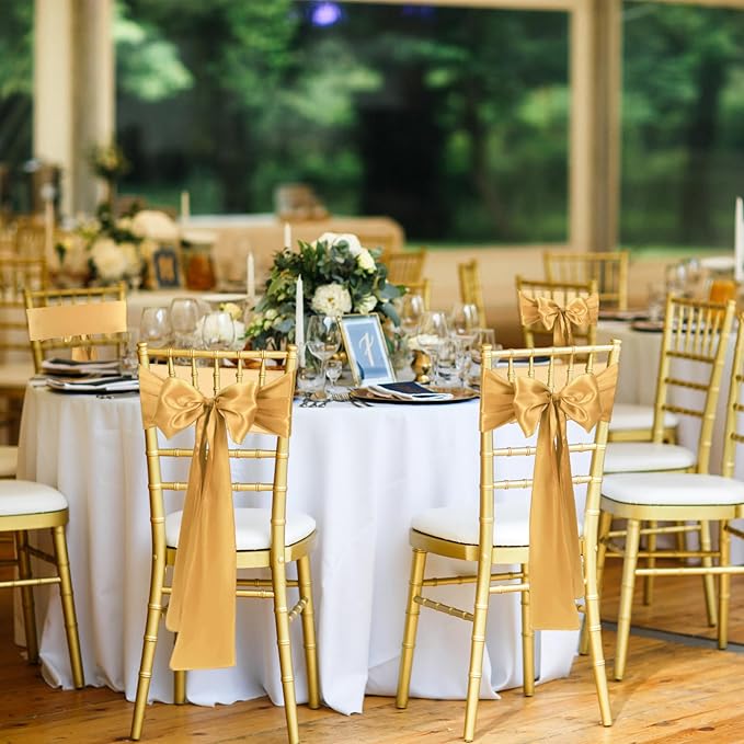 50 PCS Gold Satin Chair Sashes Bows Universal Chair Ribbon Ties Back Sash for Wedding Party Reception Events Banquets Hotel Event Chair Cover Decoration (7x108 inch)