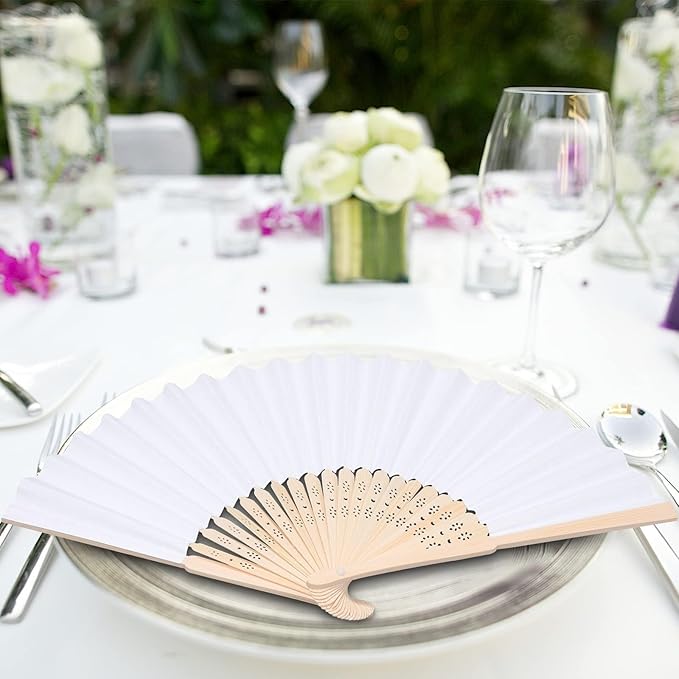 MCEAST 60 Pieces Wedding Handheld Paper Fans White Bamboo Folding Paper Fans with 60 Organza Bags Foldable Cool Wedding Favors Wedding Fans for Guests Party Favors DIY Decoration