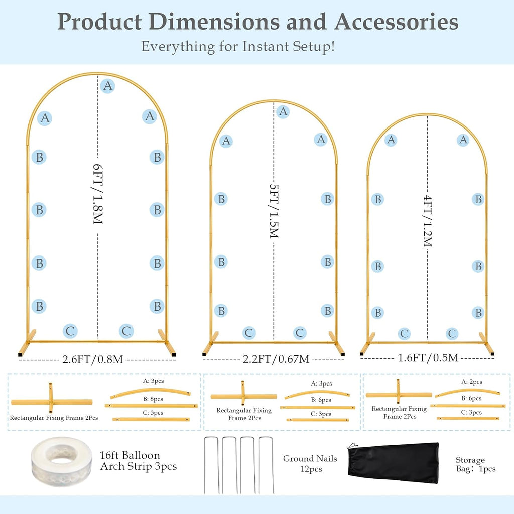 6FT,5FT,4FT Balloon Arch Stand Kit with Base Set of 3