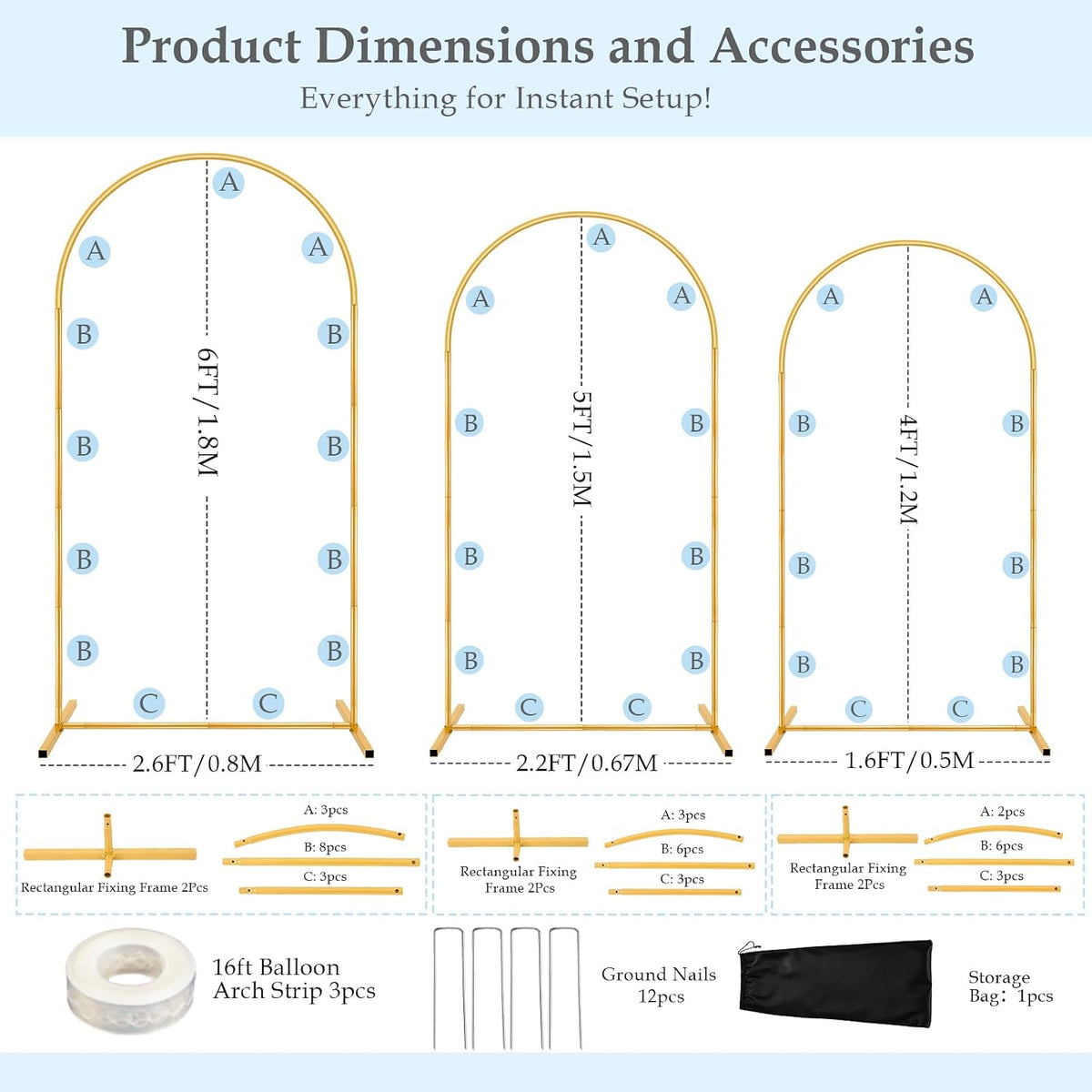 6FT,5FT,4FT Balloon Arch Stand Kit with Base Set of 3