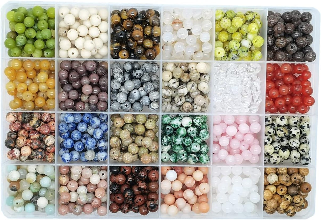 1200pcs 6mm Natural Round Stone Beads Real Gemstone Beading Loose Gemstone Hole Size 1mm DIY Smooth Beads for Bracelet Necklace Earrings Jewelry Making,Box Packed(24 Material -B,6mm)