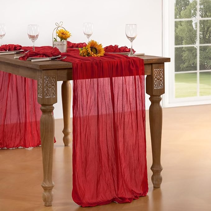 Red Cheesecloth Table Runner Fall Table Runner Boho Gauze 120 Inches Red Cheese Cloth Fall Table Decorations for Thanksgiving Weddings Bridal Baby Shower Candlelight Dinner Party