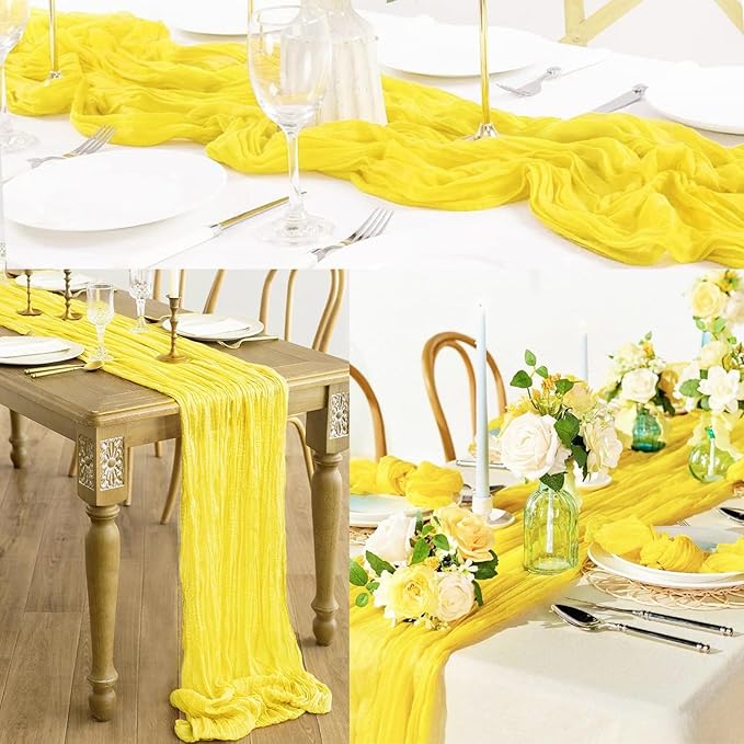 12 Pack Yellow Cheesecloth Table Runner 20 x 120 Inch Long Rustic Gauze Cheese Cloth Table Runner for Wedding 10FT Bridal Baby Shower Table Decorations Boho Fabric Sheer Birthday Party Table Decor