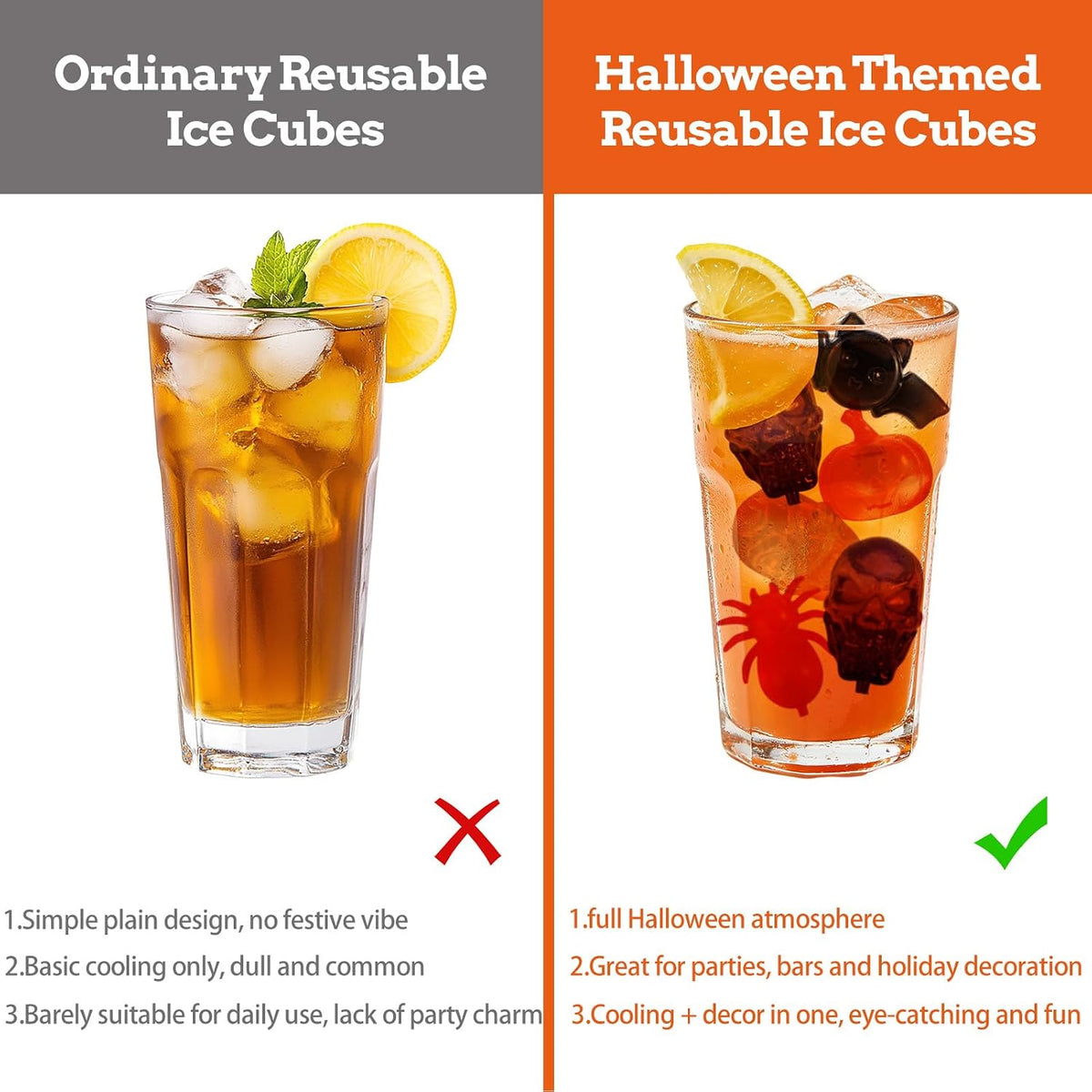 300 Pack Halloween Reusable Ice Cubes for Drinks and Parties, Pumpkin