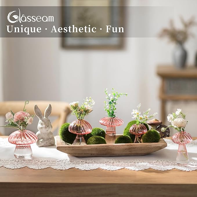 Glasseam Mushroom Plant Propagation Stations: Pink Glass Terrarium Jar Set of 5 Cute Planters for Indoor Plants Decorative Propagate Vase Unique Gifts for Women Home Office Decor