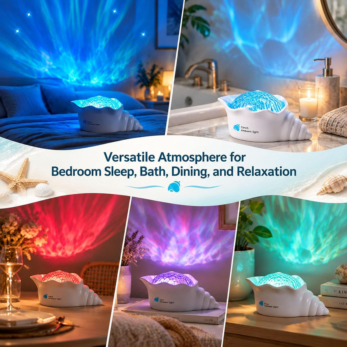 conch ocean wave projector for room decor | showing dimensions