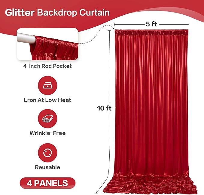 gogoparti 20x10FT Red Sequin Backdrop Curtain - 4 Panels of 5x10FT Wrinkle-Free Glitter Drapes for Photography, Birthdays, Weddings & Graduations