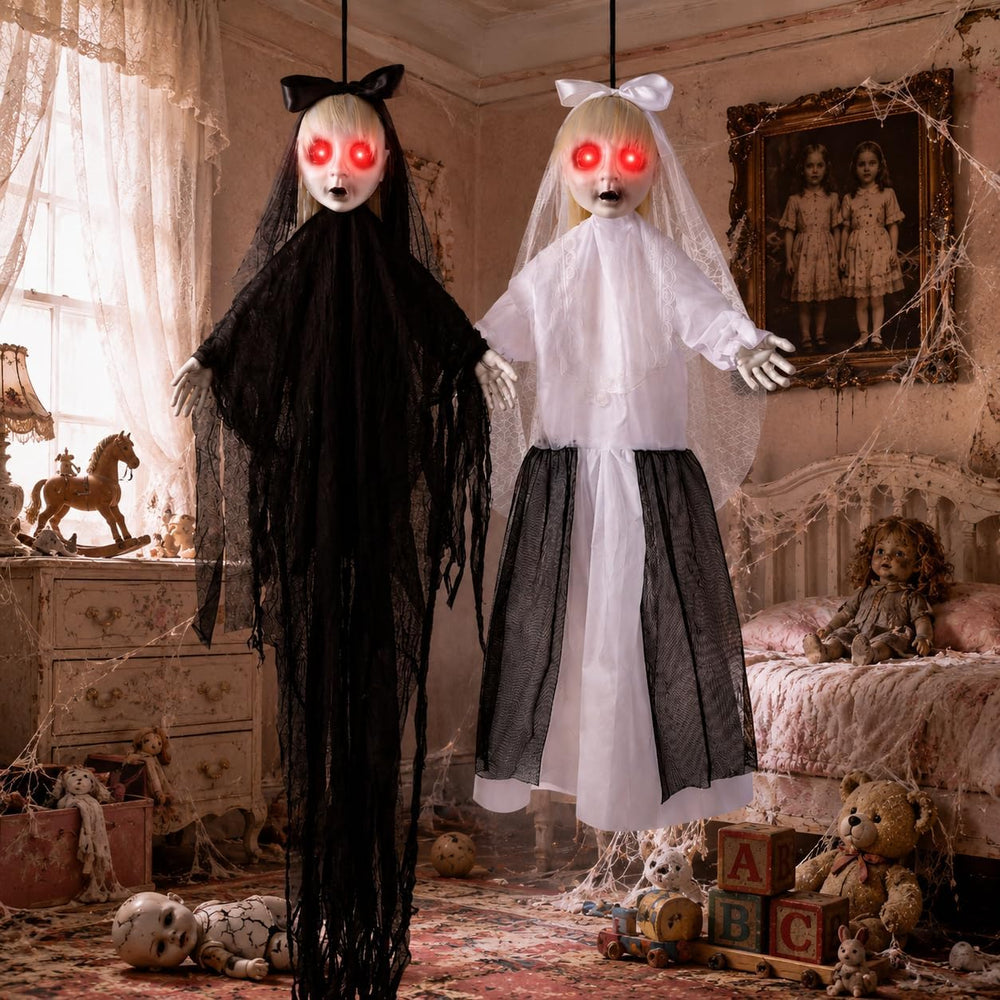2 PCS Hanging Halloween Decorations Twin Sisters with LED Eyes & Sound