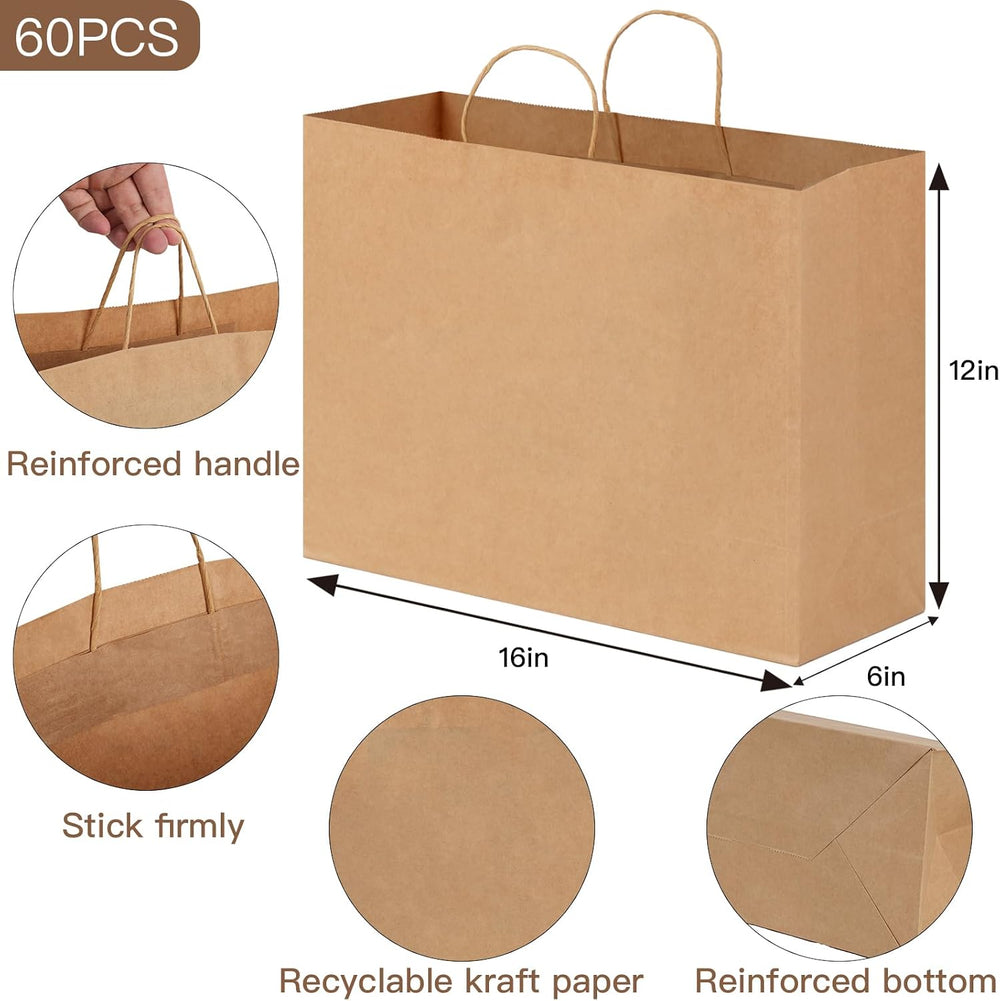 OUTUXED 60pcs 16x6x12 Inch Paper Bags with Handles, Brown Paper Gift Bags