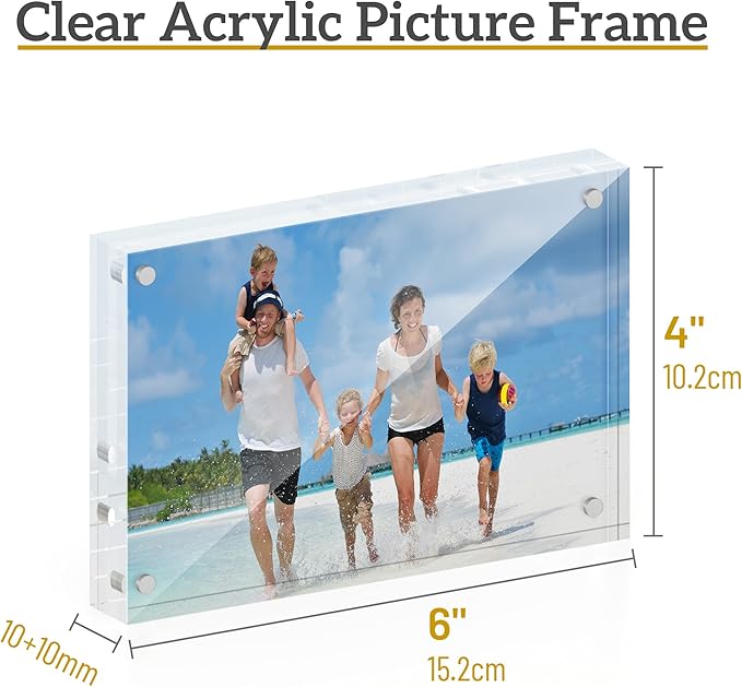 4x6 Acrylic Picture Frame 3 Pack, 20mm Thick Magnetic Double Sided Display 20% Thicker- Frameless Clear Transparent Photo Frame for Desktop/Tabletop, Self Standing with Microfiber Cloth