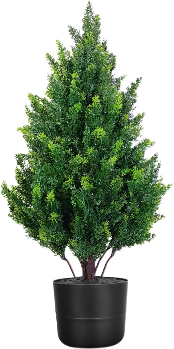 28 Inch Artificial Cedar Tree with Pot, Compact Faux Cypress Evergreen Topiary Plant for Indoor Corner, Living Room, Small Balcony & Entryway, Realistic Potted Fake Tree Accent