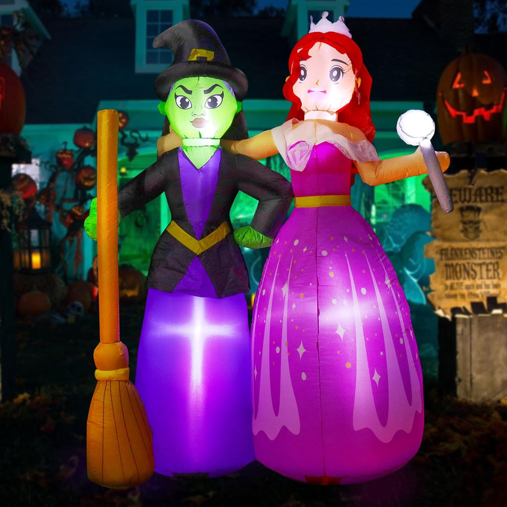 6ft halloween inflatable witch sisters with magic wand showing dimensions