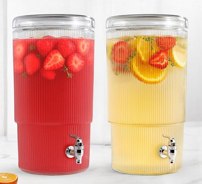 2-PACK Capri Drink Dispenser - Glass Beverage Dispenser, 100% Leakproof Spigot Perfect For Parties And Daily Use Lead-Free Glass, Beautiful Design, 1.8 Gallon