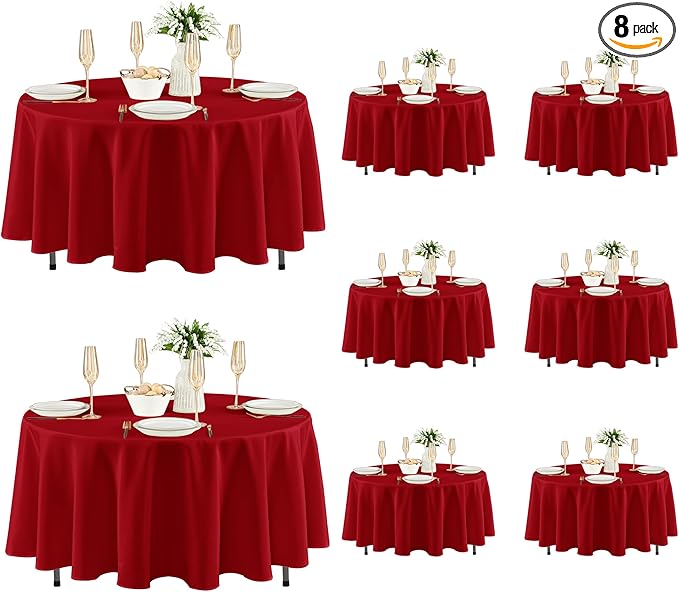 Fitable 8 Pack Round Tablecloths: Stain Resistant Wrinkle Free Circle Table Clothes, Washable Reusable Polyester Table Covers for Wedding Christmas Party Birthday Banquet Reception(Red, 84 Inch)