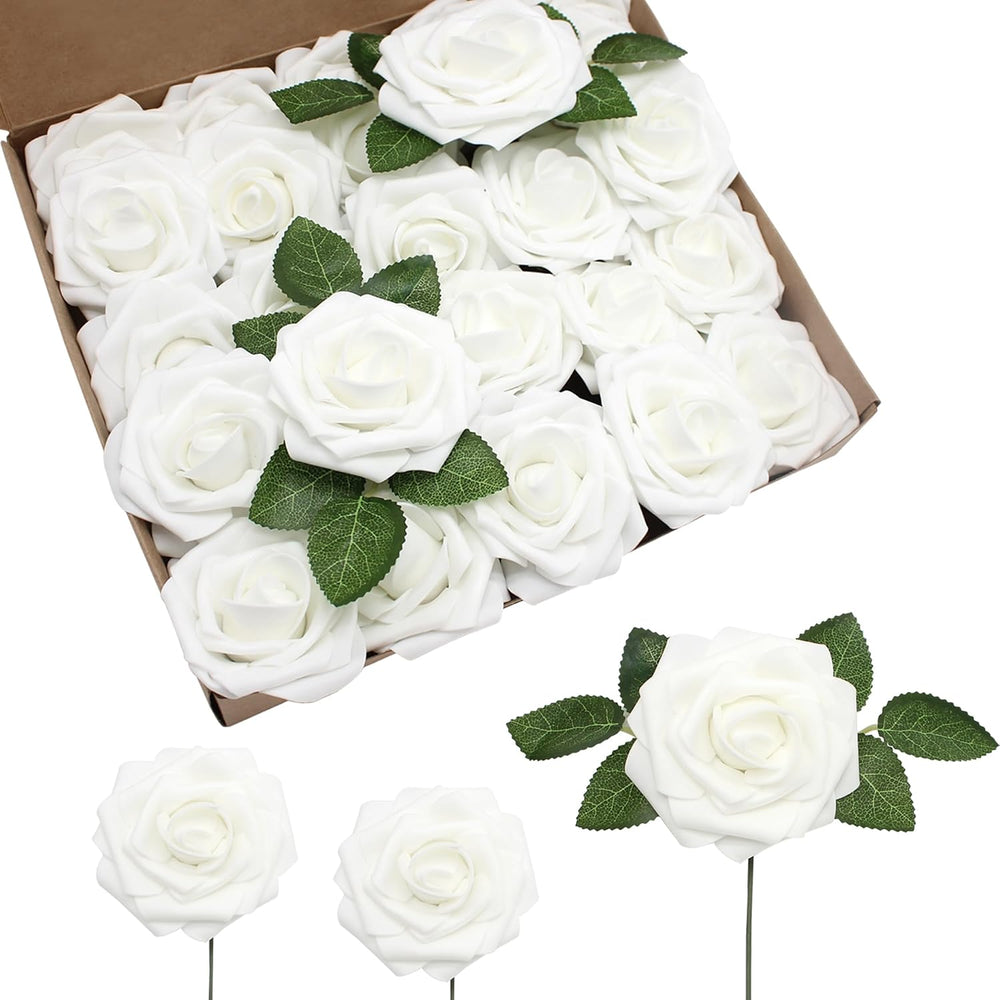 100 PCS White Artificial Flowers Realistic Roses - Real Looking Fake Roses wi...