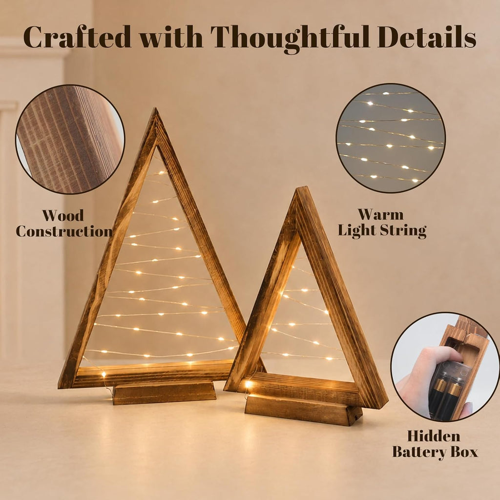 Wooden Christmas Tree with Lights-2 Pack Tabletop Decor