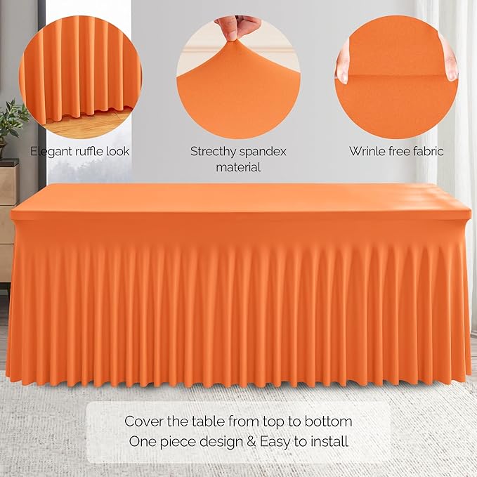 Wish Care 2 Pack Orange Spandex Table Clothes for 6 Foot Rectangle Tables, 6FT Wrinkle Free Fitted Tablecloths Ruffles Design Table Cover for Party, Banquet, Wedding and Events