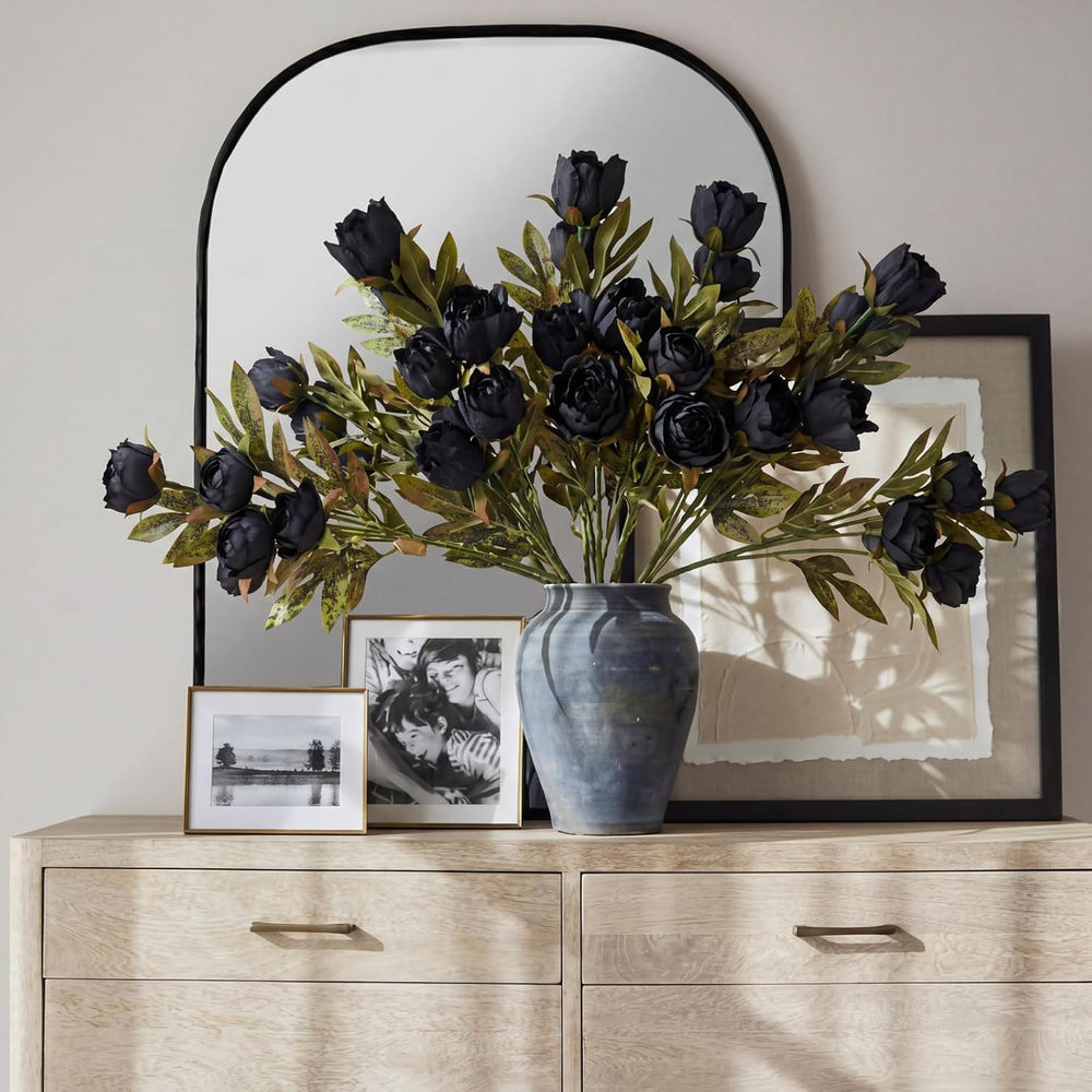 Vintage Peony Artificial Flower Faux Silk Stem, 8 Pcs, Black