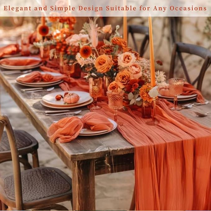 Orange Cheesecloth Table Runner 12 Pack 10FT Boho Fabric Rustic Cheese Cloth Table Runner for Wedding 20 x 120 Inch Long Bridal Shower Baby Shower Gauze Sheer Birthday Party Table Decorations