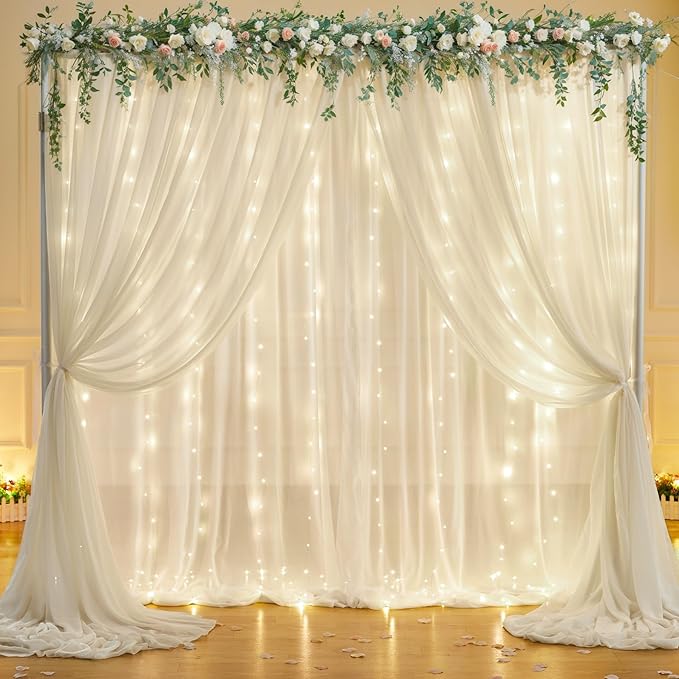 10ft x 7ft Ivory Chiffon Backdrop Curtain with Lights String for Parites Wedding Wrinkle Free Curtain Photo Backdrops Drapes for Baby Shower Birthday Party Home Decorations