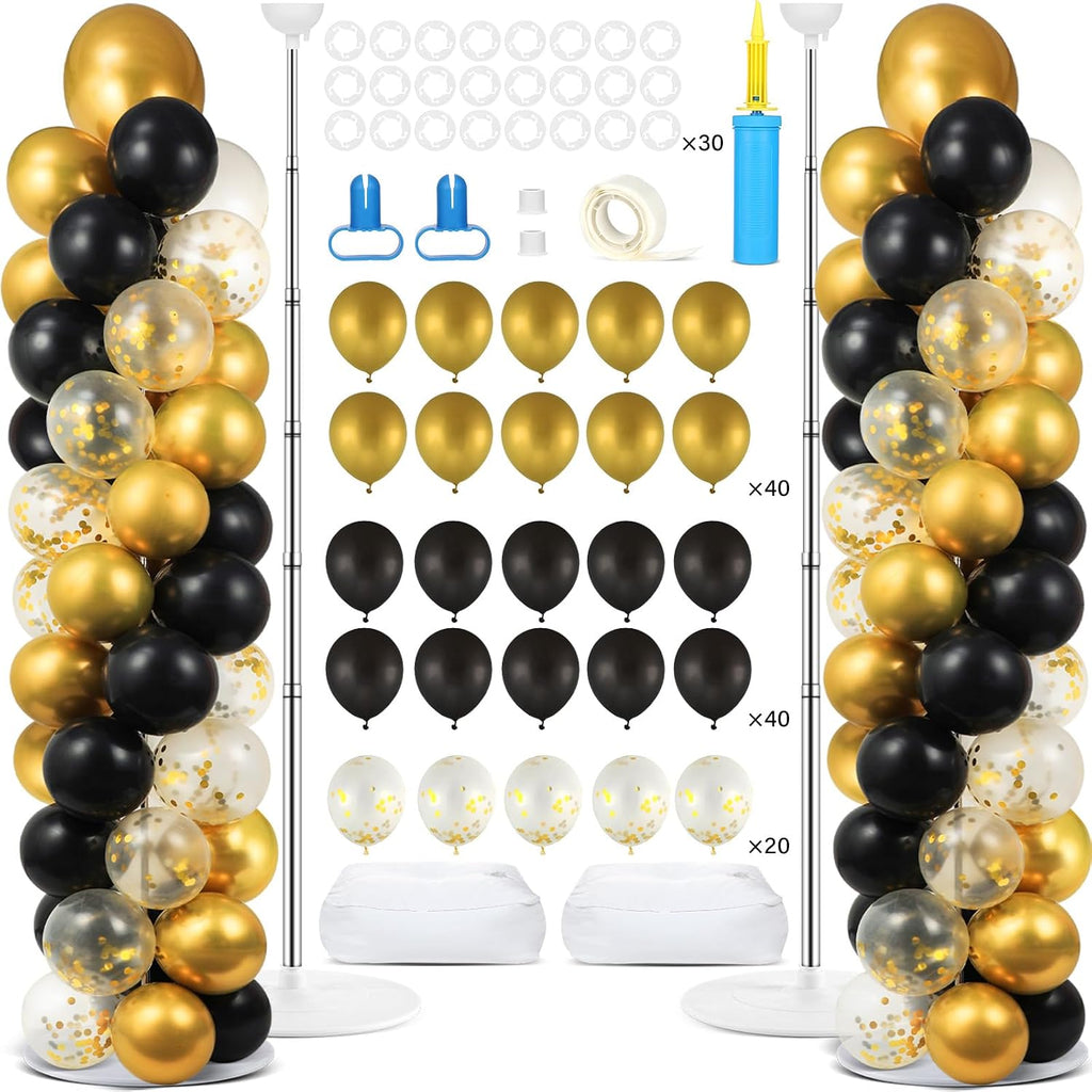 2 Sets Adjustable Balloon Column Stand Kit with Bases（Black & Gold）