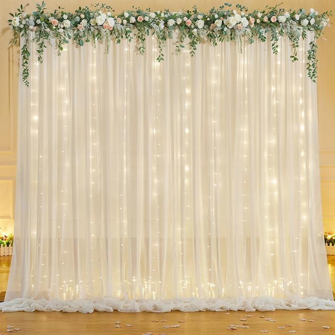 10ft x 7ft Ivory Chiffon Backdrop Curtain with Lights String for Parites Wedding Wrinkle Free Curtain Photo Backdrops Drapes for Baby Shower Birthday Party Home Decorations