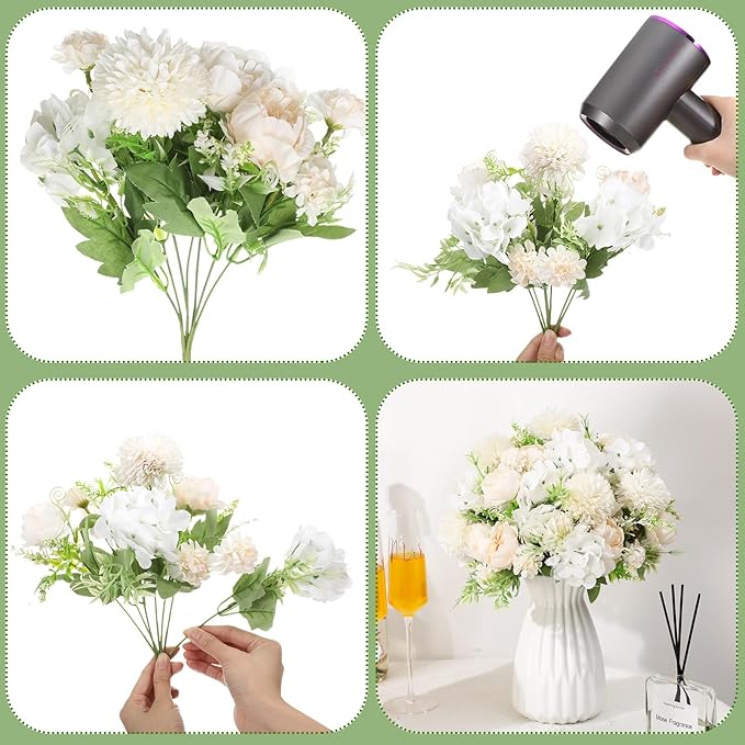 Tigeen Artificial Flowers Artificial Peonies Silk Flowers Faux Peony Fake Peony Silk Hydrangea Bouquet for Wedding Table Centerpiece Floral Vase Decor(Champagne White,12 Bundles)