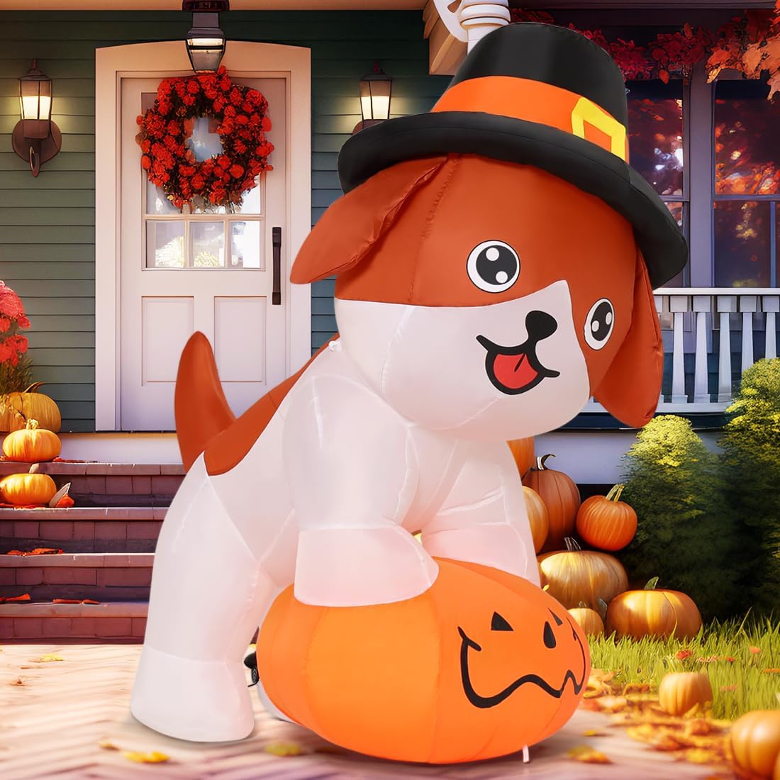 GOOSH 5.2 FT Thanksgiving Inflatables Dog Outdoor Decorations Blow Up Yard Cute Puppy Standing on a Pumpkin with Pilgrim Hat with Built-in LEDs for Garden Lawn Indoor Party Decor