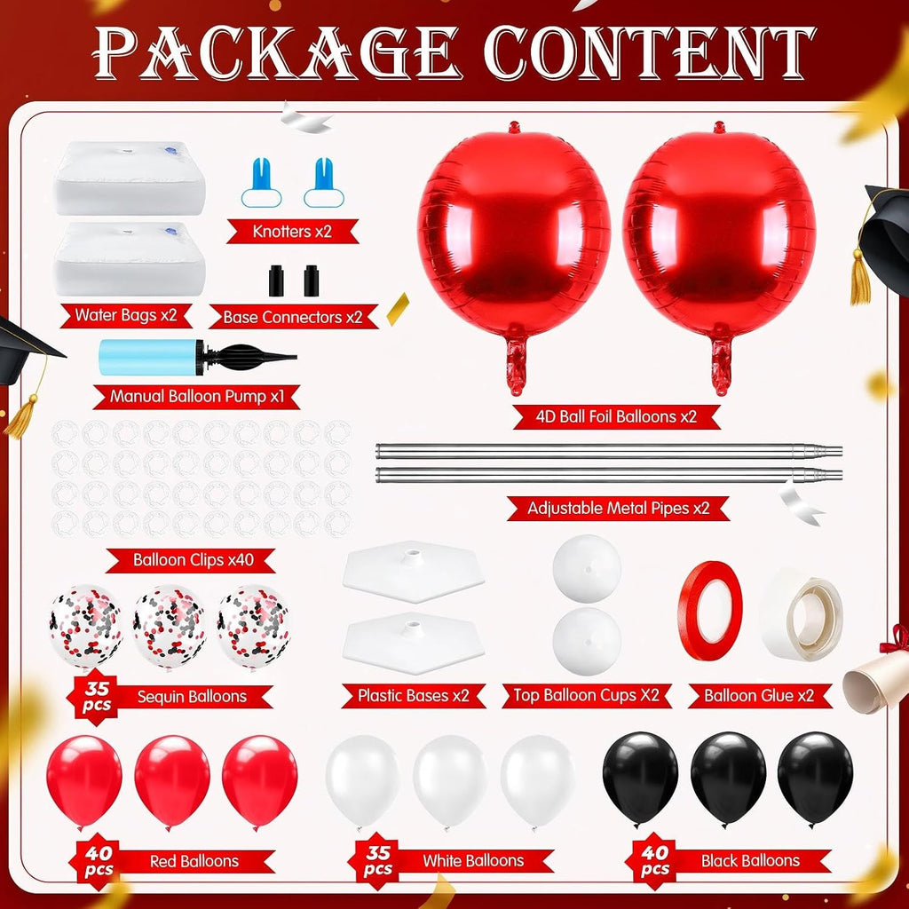 2 Sets Red Black and White Balloon Column Stand Kit, Adjustable Floor Balloon Arch Tower with Foil & Latex Balloons, DIY Decor for Birthday Ceremony Backdrop