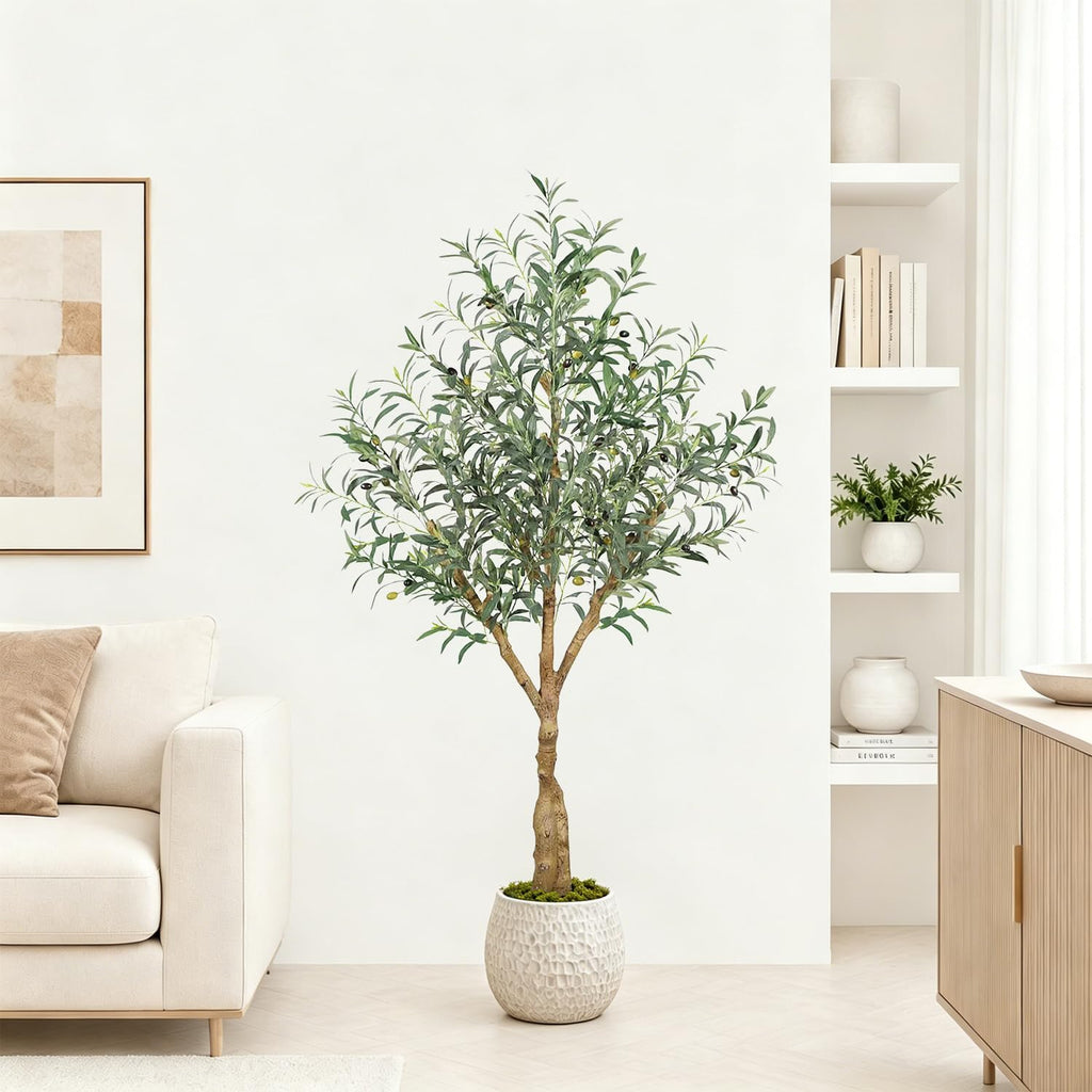 Olive Trees Artificial Indoor, 5FT Tall Faux Olive Tree with Lush Leaves and Lifelike Fruits, Artificial Plants in Sturdy Pot for Indoor Home Office Living Room Decor